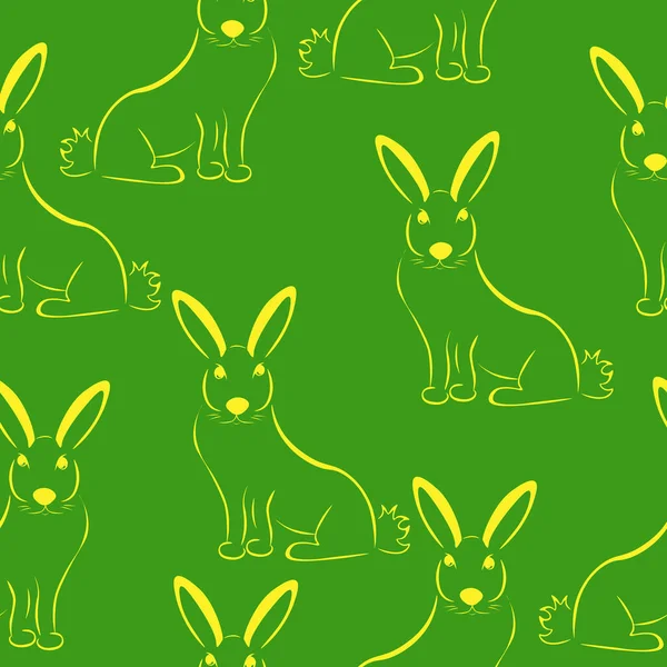 Rabbit Stylized Silhouette Seamless Pattern Yellow Outline Rabbit Green Background — Stockvektor