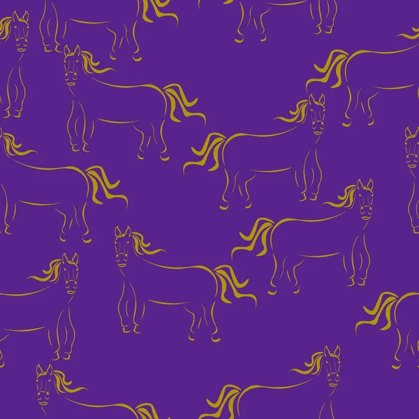 Horse Stylized Silhouette Seamless Pattern Yellow Outline Horse Purple Background — стоковый вектор