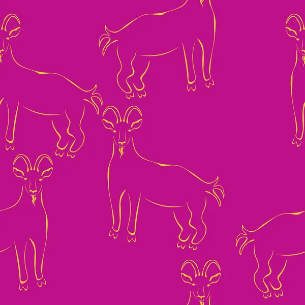 Goat Stylized Silhouette Seamless Pattern Yellow Outline Goat Pink Background — Stockvektor