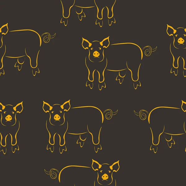 Pig Stylized Silhouette Seamless Pattern Yellow Outline Piglet Gray Background — Stock Vector