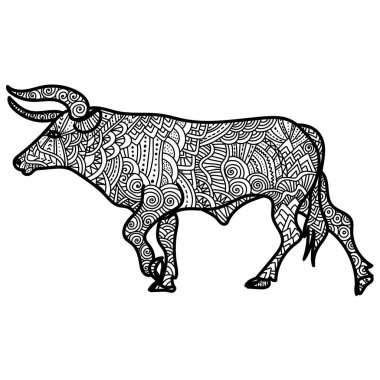 Animal symbol of the eastern horoscope Ox with ornate patterns, meditative animalistic coloring page