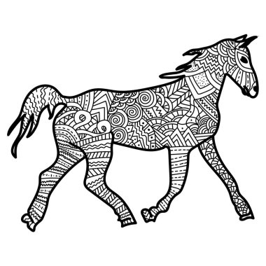 Animal symbol of the eastern horoscope horse with ornate patterns, meditative animalistic coloring page vector illustraion