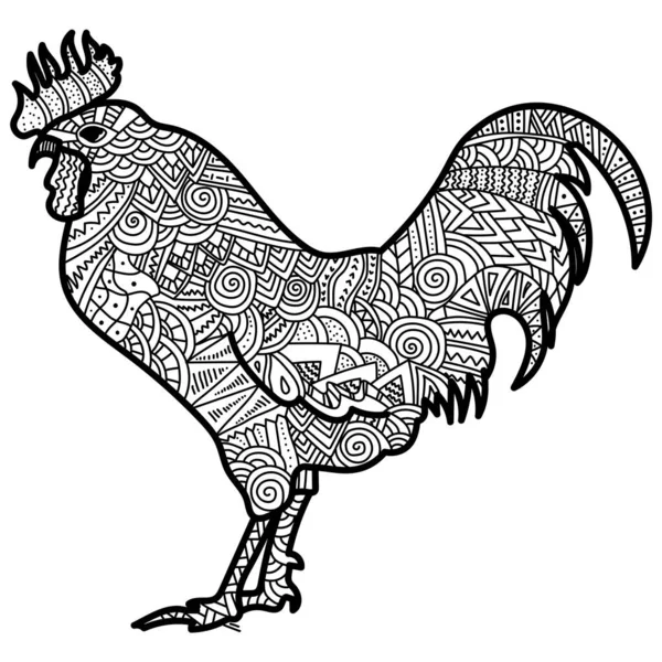 Птичий Символ Восточного Гороскопа Петух Орнаментом Узора Медитативная Животная Раскраска — стоковый вектор