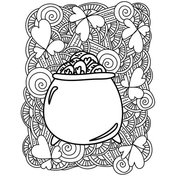 Ornate Patricks Day Coloring Page Pot Coins Clover Fantasy Patterns — стоковий вектор