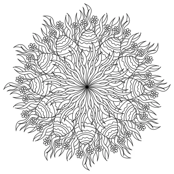 Mandala Jaj Wielkanocnych Trawie Kwiatach Kolorowanki Dla Aktywności Wektor Ilustracji — Wektor stockowy