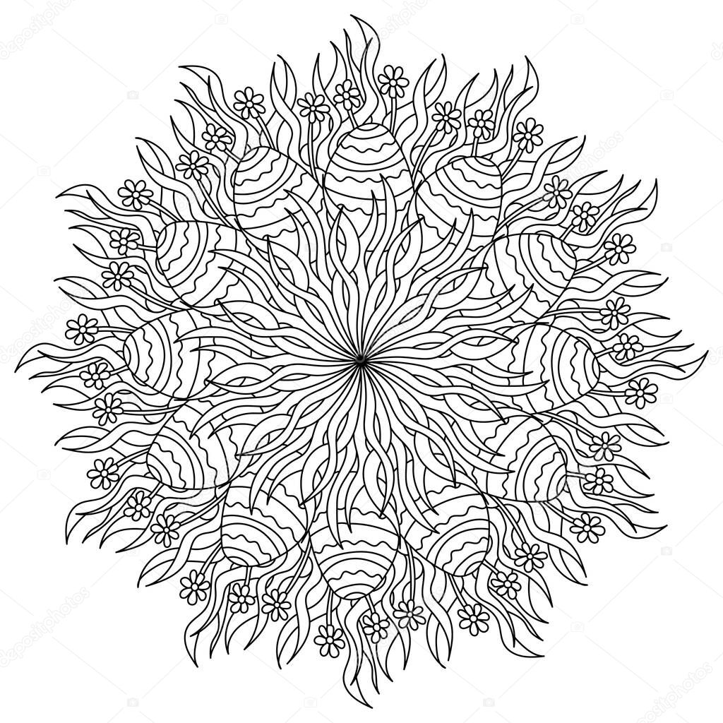 Mandala with Easter eggs in grass and flowers, coloring page for holiday activity vector illustration
