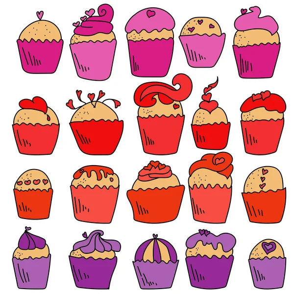 Cupcakes Avec Des Cœurs Ensemble Muffins Coliparts Avec Garniture Pour — Image vectorielle