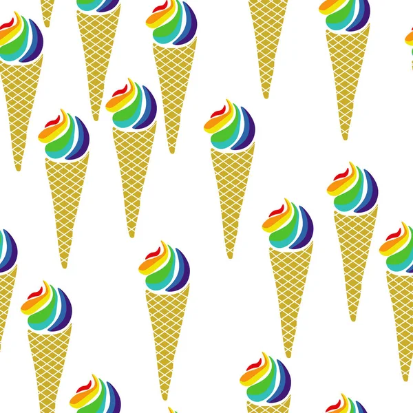 Ice Cream Cone Seamless Pattern Rainbow Ice Cream White Background — Stock Vector