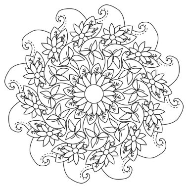 Çiçek motifleri ve kelebekleriyle mandala, yaratıcılık için meditasyon sayfası çizimi