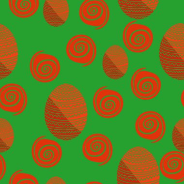 Paskalya yumurtaları koyu turuncu renksiz desenler, yeşil arkaplan çizimi üzerinde desenli tatil yumurtaları ve spiraller.