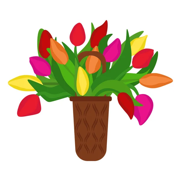 Strauß Tulpen Weidenkorb Bunte Frühlingsblumen Als Vektor Illustration Für Eine — Stockvektor
