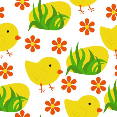 Paskalya tavukları kusursuz desenli, çiçekli çimenler ve beyaz arka planda kuşlar.