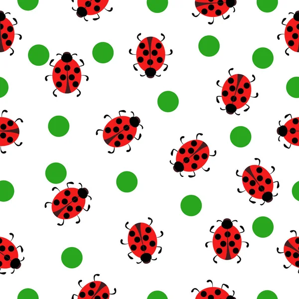 Ladybugs Modello Senza Soluzione Continuità Simpatici Insetti Puntini Verdi Sfondo — Vettoriale Stock