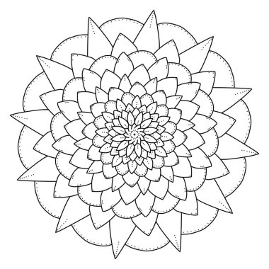Süslü taç yaprakları ve noktalarıyla basit çiçek mandala, meditasyon sayfası çizimi
