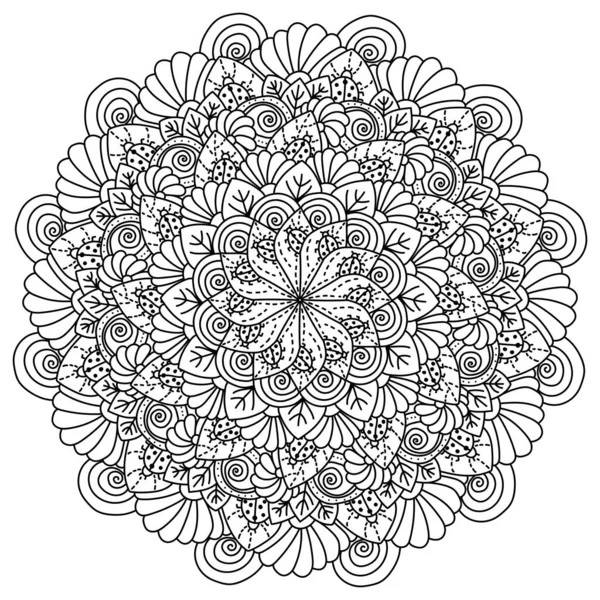 Uğur böcekleri ve yaprakları olan mandala, bitkiler ve böceklerin vektör illüstrasyonuyla meditasyon renk sayfası