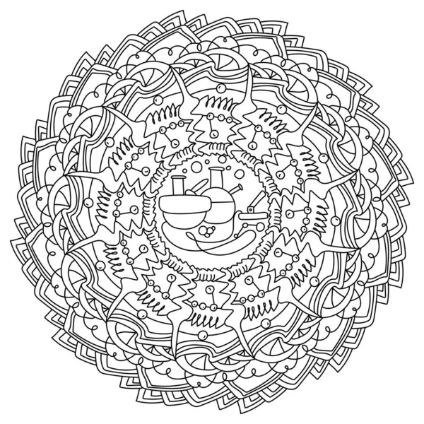 Overzicht Mandala Een Wetenschappelijk Thema Meditatieve Kleurplaat Met Wetenschappelijke Apparatuur — Stockvector