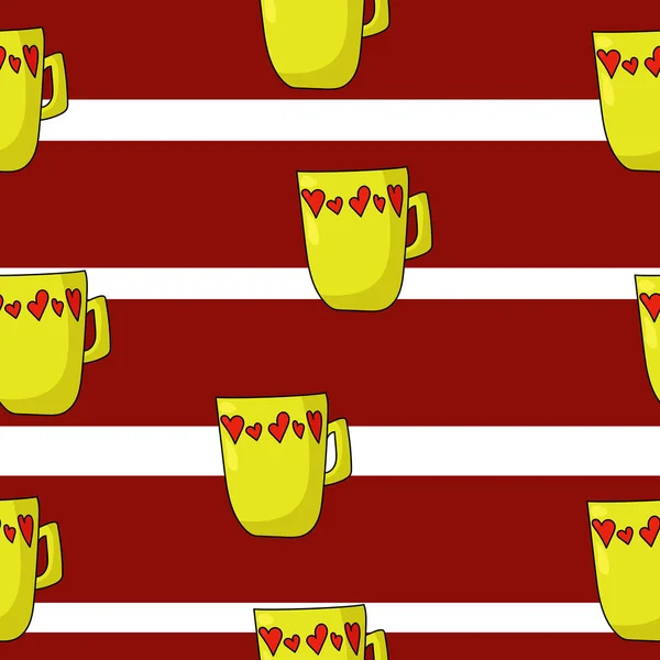 Bright Cup Heart Pattern Seamless Pattern Yellow Mug Cartoon Style — стоковый вектор