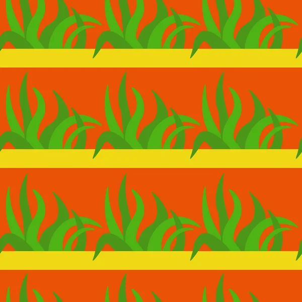 Bright Spring Grass Seamless Pattern Green Bushes Orange Background Vector — стоковый вектор