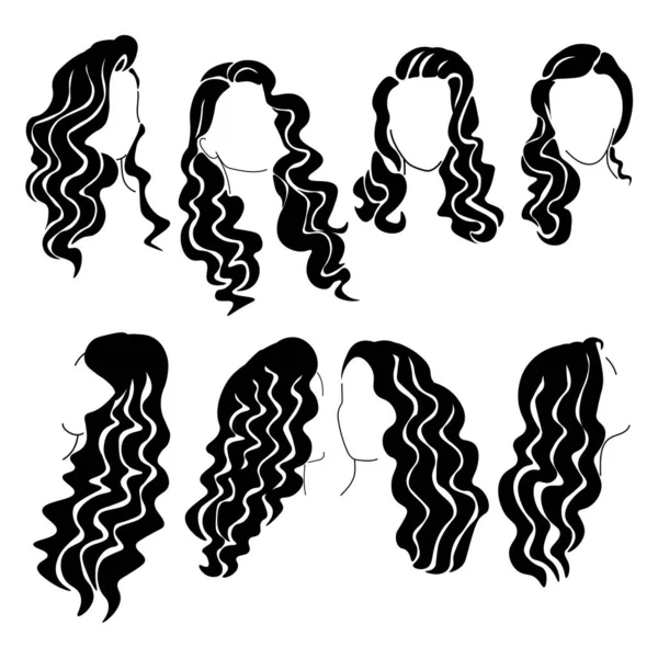 Set Hairstyles Silhouettes Long Wavy Hair Hollywood Wave Style Haircuts — Vetor de Stock