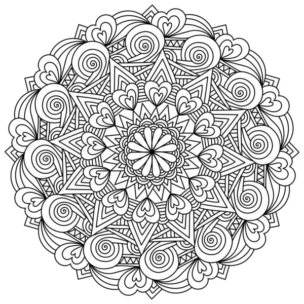 Abstract Mandala Hearts Flower Center Meditative Coloring Page Vector Illustration — Stockový vektor