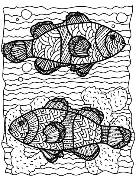 Pesce Pagliaccio Con Motivi Pagina Colorare Meditativa Sull Illustrazione Vettoriale — Vettoriale Stock