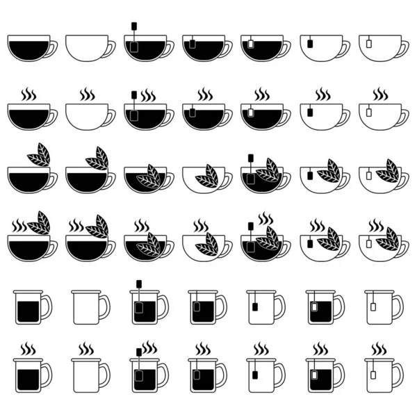 Thé Tasse Café Icônes Ensemble Silhouette Boisson Chaude Différentes Options — Image vectorielle