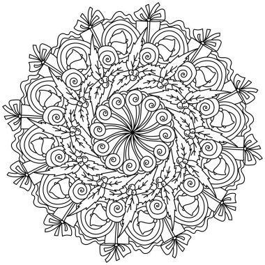 Noel mandala, hediyeli meditasyon boyama sayfası, kutsal ve süslü desenli vektör çizimi