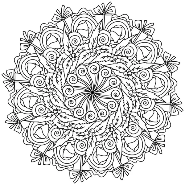 Mandala Navidad Página Para Colorear Meditativo Con Regalo Acebo Adornado — Vector de stock