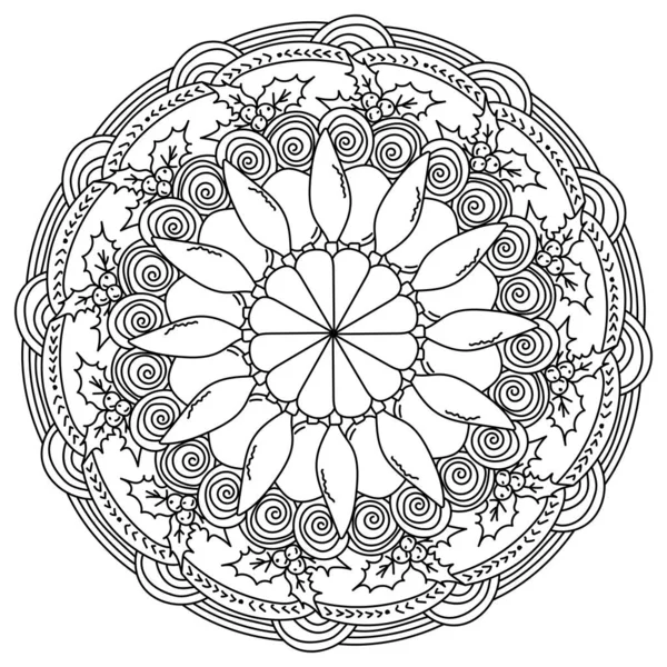 Mandala Navidad Página Para Colorear Meditativo Con Acebo Bolas Navidad — Archivo Imágenes Vectoriales