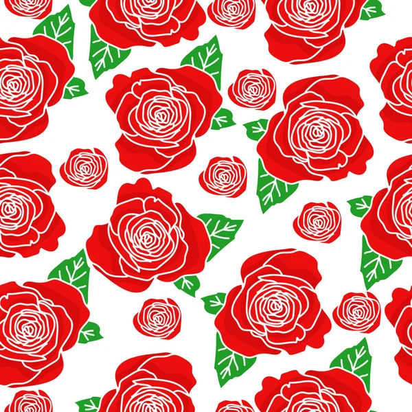 玫瑰轮廓无缝图案 白色背景矢量图上的红花 — 图库矢量图片