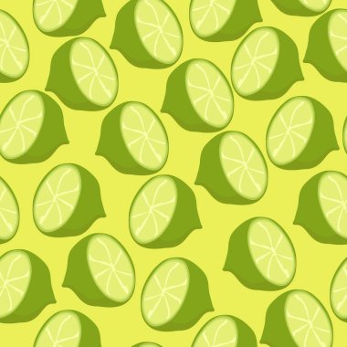 Yarı limonlu, dikişsiz desen, sarı arkaplan vektör çiziminde sulu narenciye meyvesi.