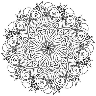 Noel mandala, bir hediye, mumlar ve dekoratif desenler vektör ilüstrasyonuyla meditasyon sayfası