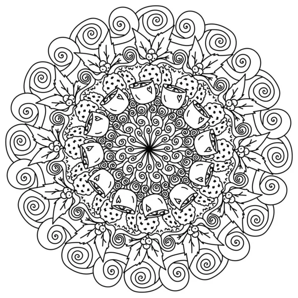 Mandala Navidad Página Para Colorear Meditativo Con Taza Acebo Adornado — Archivo Imágenes Vectoriales