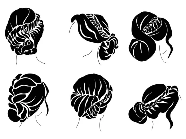 Set Silhouettes Hairstyles Braiding Bun Medium Long Hair Vector Illustration — Stockvektor