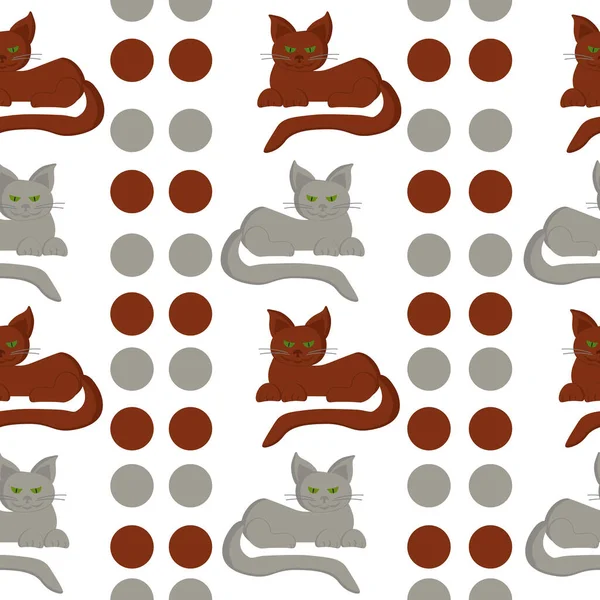 Pair Cats Seamless Pattern Gray Brown Cats Dots Vertical Rows — стоковый вектор