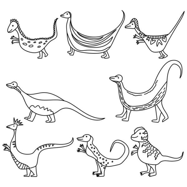 Dinosaurs Outline Set Doodle Reptiles Various Species Vector Illustration — стоковый вектор