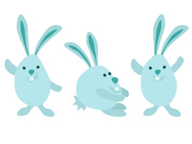 Set of rabbits in cartoon style, symbol of the year or Easter mascot in blue vector illustration