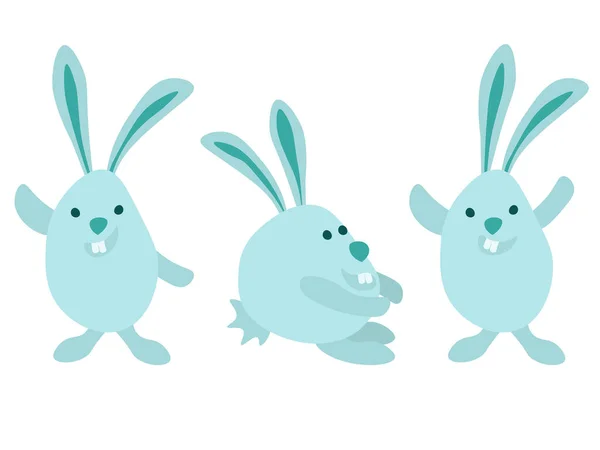 Set Rabbits Cartoon Style Symbol Year Easter Mascot Blue Vector - Stok Vektor