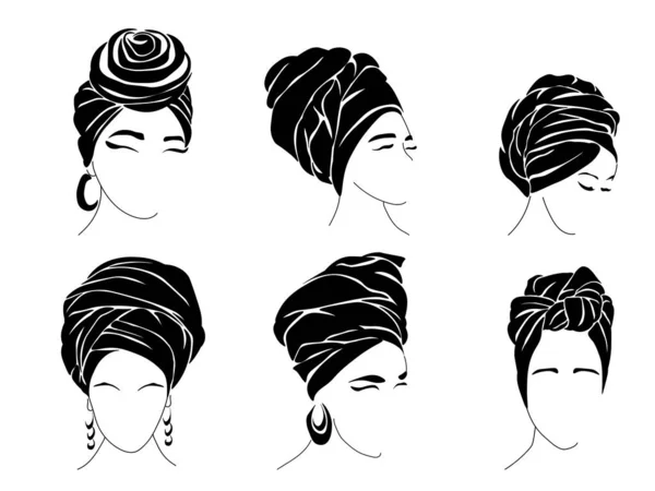 Set Silhouettes Women Traditional Headwear Scarf Turban Vector Illustration — Stock Vector