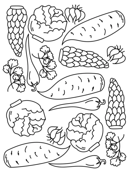 Outline Doodle Set Vegetables Coloring Page Kids Activity Vector Illustration — Stockový vektor