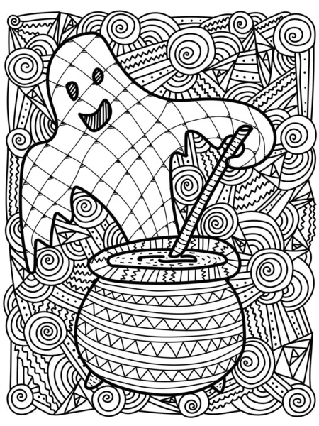 Cute Ghost Cauldron Halloween Coloring Page Vector Illustration — 스톡 벡터