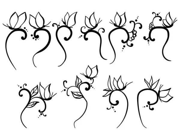 Set Curls Butterflies Abstract Doodle Motifs Vector Illustration — Wektor stockowy