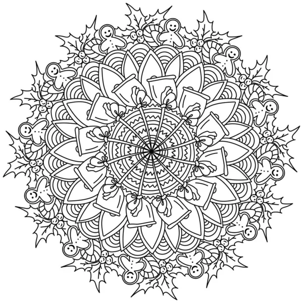 Christmas Mandala Meditative Coloring Page Gingerbread Man Holly Ornate Patterns — Stockový vektor