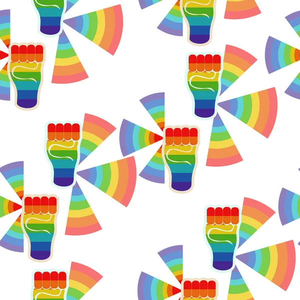 Pride Seamless Pattern Rainbow Hand Rays White Background Vector Illustration — Image vectorielle
