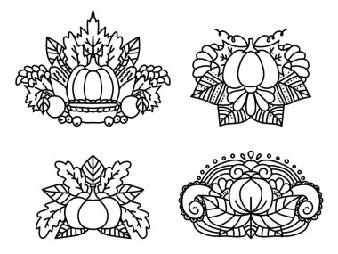 Şükran Günü balkabağı ve yaprakları boyama sayfası seti, ana hatları sebze buketi ve desenler çizimi