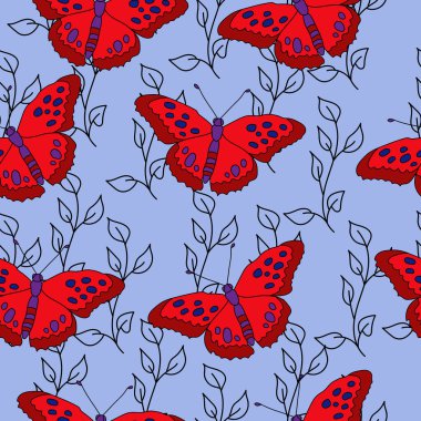 Parlak kırmızı kelebeklerin kusursuz deseni ve mavi arkaplan vektör illüstrasyonunda karalama dalları