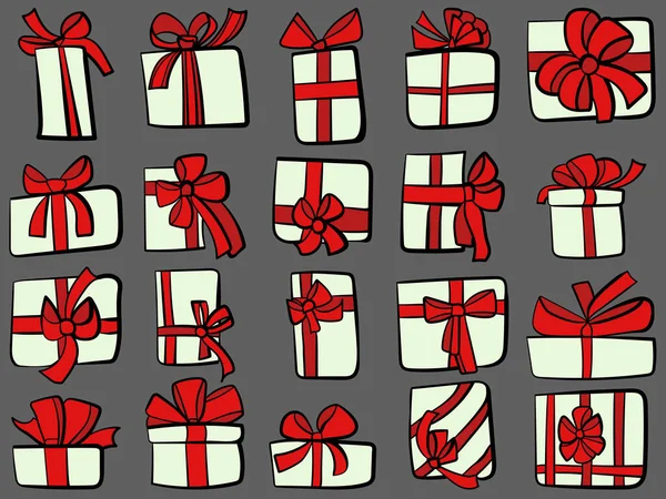 Set Van Doodle Geschenkdozen Met Rode Strikken Feestelijke Verpakking Met — Stockvector