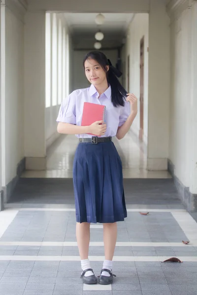 Retrato Tailandês Estudante Ensino Médio Uniforme Adolescente Linda Menina Feliz — Fotografia de Stock