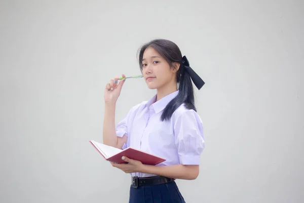 Retrato Tailandês Estudante Ensino Médio Uniforme Menina Bonita Pense — Fotografia de Stock