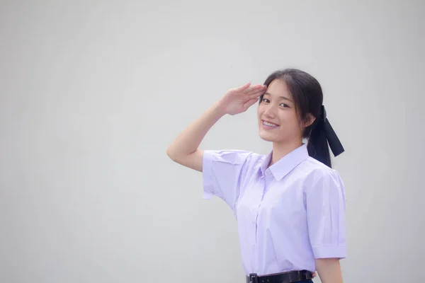 Asia Thajská Střední Škola Student Uniforma Krásný Dívka Salute — Stock fotografie